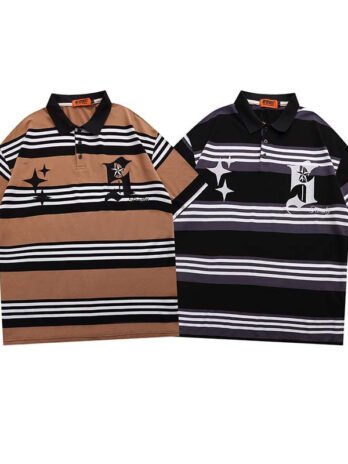 New Letter Embroidered Striped Lapel Short Sleeve POLO Shirt For Men